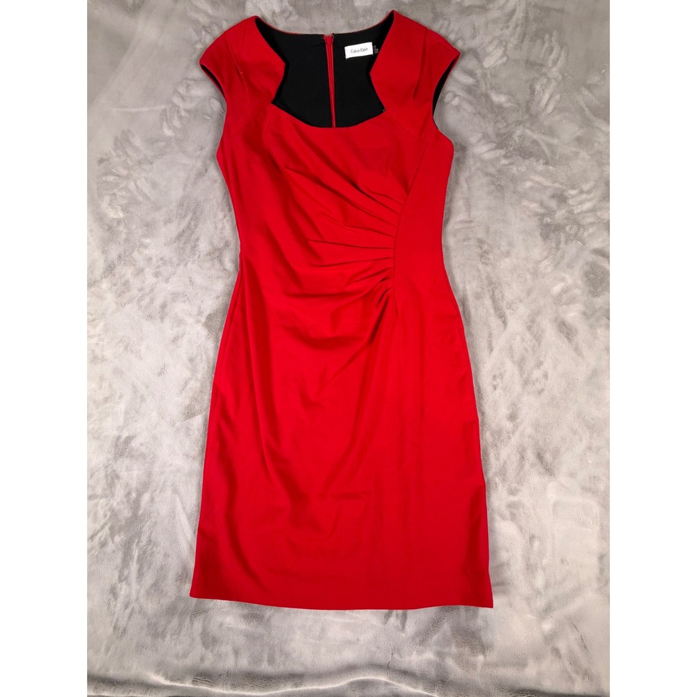 Calvin Klein Womens Red Cap Sleeve Ruched Sheath Dress Size 10